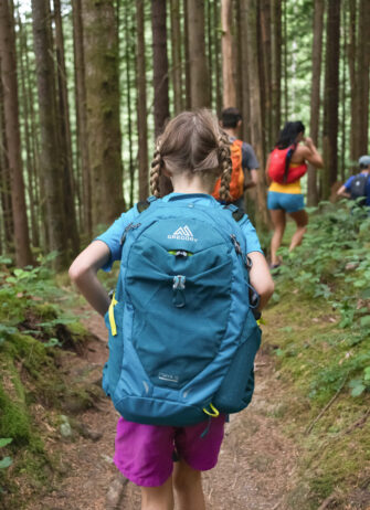 children with backpacks hiking through forest