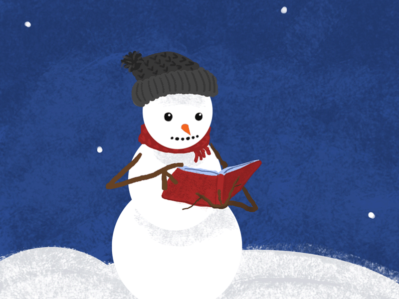 Snowman reading as snow falls
