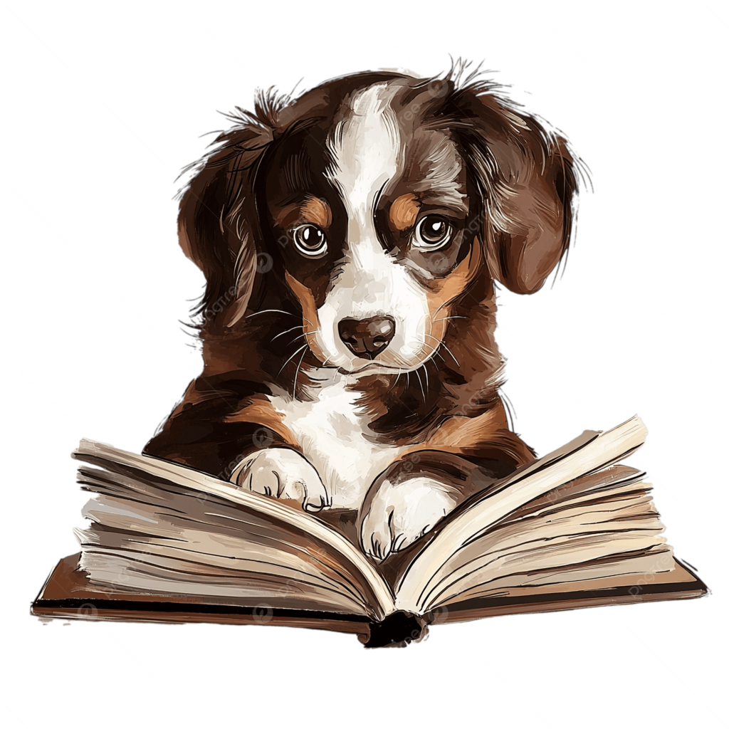 Dog reading a book.